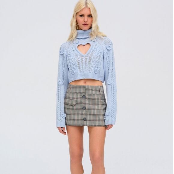 NWT FOR LOVE & LEMONS Rebecca Heart Sweater Size S & M in Blue Knit Turtle Neck - Picture 2 of 11